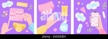 Menstruation period hygiene flat set with three square compositions of flowers feminine pads and calendar marks vector illustration Stock Vector
