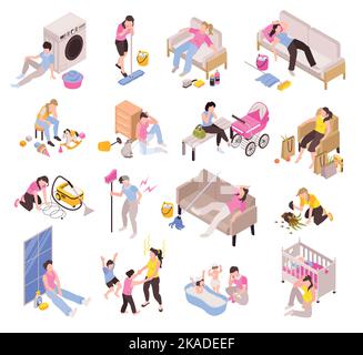 Isometric icons set on women tired of housework isolated vector illustration Stock Vector