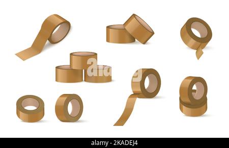 Brown duct tape mockup realistic set with isolated icons of craft sticky tape on blank background vector illustration Stock Vector