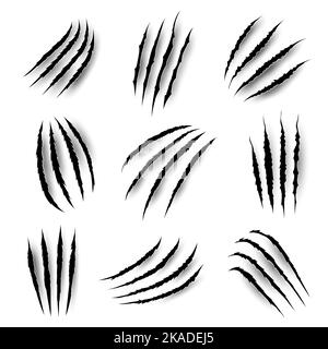 Bear and tiger claw mark scratches. Monster animal attack damage realistic traces, wild cat strike or slash realistic vector marks, werewolf ir dragon beast claws cut isolated holes on wall Stock Vector