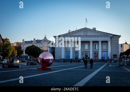 Vilnius, Lithuania - September 26, 2022: Town hall building and square in the Old Town of Vilnius. Stock Photo