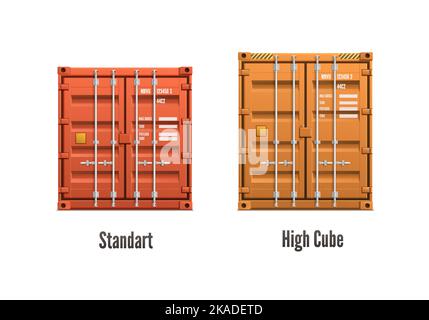 Two isolated realistic cargo containers of different colour and size with captions vector illustration Stock Vector
