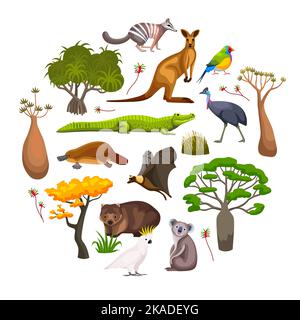 Flora and fauna of australia flat round composition with wild animals birds and exotic plants vector illustration Stock Vector