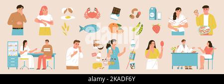 Food allergy color icon set vector different kinds and types of allergens and consequences of eating allergic foods and drinks illustration Stock Vector