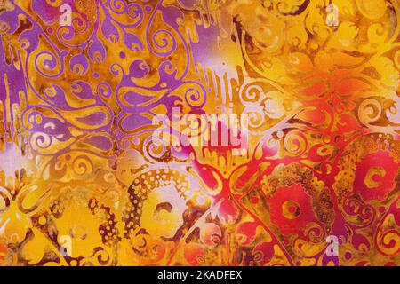 Overlay texture of golden red violet fabric. Textile with eastern ornament abstract halftone background Stock Photo
