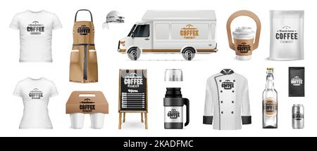 Corporate identity mockup for coffee shop realistic set with cups van bottle uniform isolated vector illustration Stock Vector