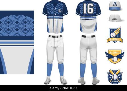 Elements of baseball jersey uniform realistic mockup with headwear and logo badges isolated vector illustration Stock Vector