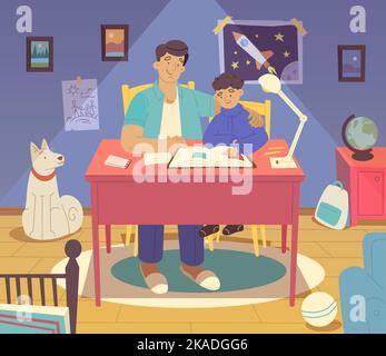 Happy family composition with dad helping his son with homework reading book together in room flat vector illustration Stock Vector