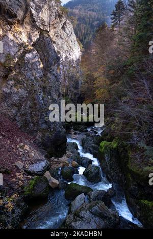 Gorges de l'Areuse, Noirague, Neuchatel, Switzerland, Europe. Beautiful romantic autumn landscape in Jura mountains. River with cascade, autumnal natu Stock Photo