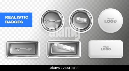 Set of blank rectangular and round metal logo badges back and front views isolated on transparent background realistic vector illustration Stock Vector