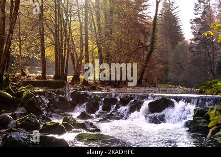 Gorges de l'Areuse, Noirague, Neuchatel, Switzerland, Europe. Beautiful romantic autumn landscape in Jura mountains. River with cascade and mossy boul Stock Photo