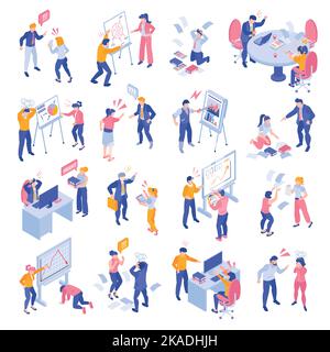 Isometric business team conflicts and debates icons set isolated vector illustration Stock Vector