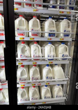 Grovetown, Ga USA - 04 21 22: Walmart retail store interior milk section and prices Stock Photo