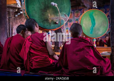 Young monks with a drum at Thikse Monastery (Gompa) during morning puja, Ladakh, India Stock Photo