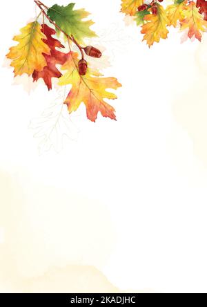 Watercolor template in autumn colorful. Watercolor natural art, autumn background perfect for invitations, or greeting cards, advertising, poster, wit Stock Vector