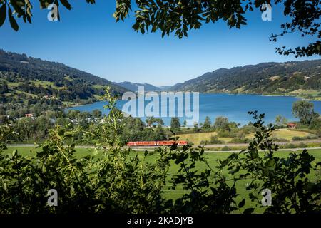 Mountains and Grosser Alpsee lake panorama in Bavarian Alpes near Immenstadt im Allgau, Germany. Red train in foreground. Stock Photo