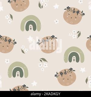 Cute seamless childish simple pattern for kids with cute moons and stars in Scandinavian style. Baby pattern with night sky. Fabric design. Stock Vector