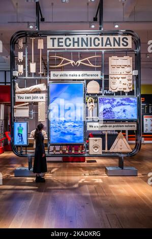 London, UK. 2nd Nov, 2022. Technicians: The David Sainsbury Gallery at the Science Museum, ahead of the public opening on Thursday 3 November. Credit: Guy Bell/Alamy Live News Stock Photo