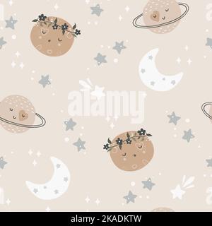 Cute seamless childish simple pattern for kids with cute moons and stars in Scandinavian style. Baby pattern with night sky. Fabric design. Stock Vector