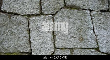 The texture of an old stone. Grey aged rusty background. Horizontal banner for design. The gray-brown texture of a battered stone. Construction produc Stock Photo