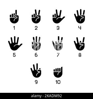 Digits in American sign language black glyph icons set on white space Stock Vector