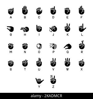 Letters in American sign language black glyph icons set on white space Stock Vector