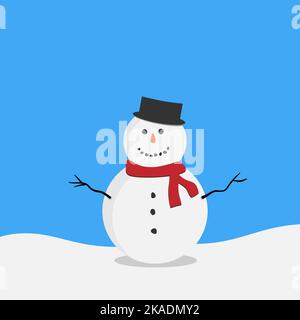 smiling snowman with black hat against blue background, flat vector illustration Stock Vector