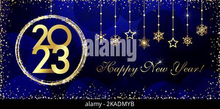 2023 Happy New Year golden medal glittering snowflakes. 20 23 Christmas design for greeting card, discount poster or sale banner. Vector illustration Stock Vector