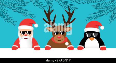 cute reindeer santa claus and penguin with sunglasses christmas cartoon Stock Vector