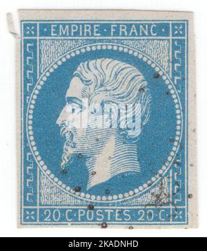 FRANCE - 1854: An 20 centimes blue on blueish postage stamp depicting portrait of Napoleon III (Charles Louis Napoleon Bonaparte) was the first President of France and last monarch to rule over France Stock Photo