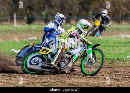 Scott Ryan racing in grasstrack motorcycle race. Donut Meeting event organised by Southend & District Motorcycle Club, UK. Upright solo class. Jawa Stock Photo