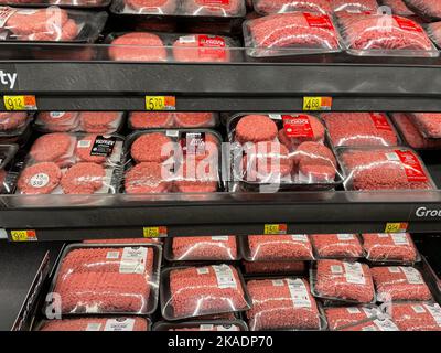 Grovetown, Ga USA - 04 21 22: Walmart meat department hamburger meat front view Stock Photo