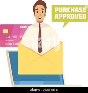 Online mobile bank composition with images of laptop credit card and character of clerk in envelope vector illustration Stock Vector