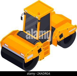Road construction isometric composition with isolated image of orange road roller vector illustration Stock Vector