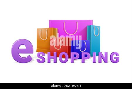 Shopping bag realistic composition with editable text and five colorful eco friendly paper bags vector illustration Stock Vector