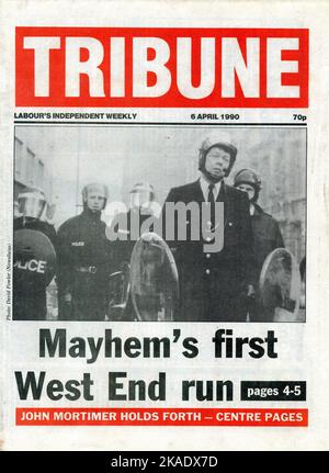 Front cover of Labour supporting political newspaper Tribune reporting on the Poll Tax Riots in London and published on April 6, 1990. Founded in 1937, the newspaper converted to magazine format in 2001. Stock Photo