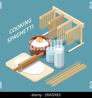 Macaroni pasta production isometric composition with ingredients for making spaghetti drying and prepared pasta vector illustration Stock Vector