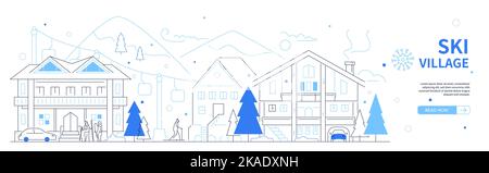 Ski village - modern thin line design style banner Stock Vector