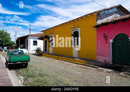 The colorful, Colonial buildings in Suchitoto streets, El Salvador Stock Photo