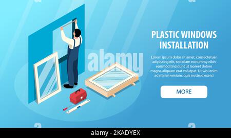 Isometric horizontal web banner with worker installing new plastic windows on blue background 3d vector illustration Stock Vector