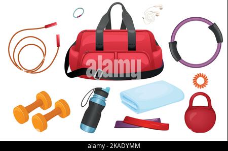 Gym bag fitness icon set with red bag with rope kettlebell sports water bottle hair band headphones dumbbells shower towel vector illustration Stock Vector