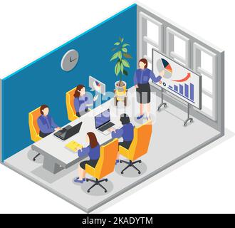 Business training isometric composition with leadership strategy presentation vector illustration Stock Vector