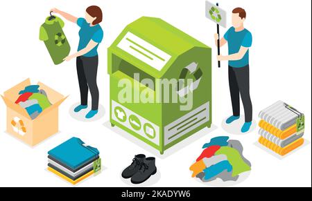 Sustainable fashion isometric composition with cloth recycling container vector illustration Stock Vector