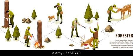 Isometric forester and forest ranger infographics with tree and animals protecting vector illustration Stock Vector