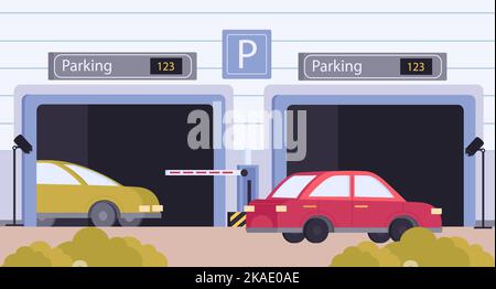 Parking flat colored composition underground parking with barriers in a shopping center or business center vector illustration Stock Vector