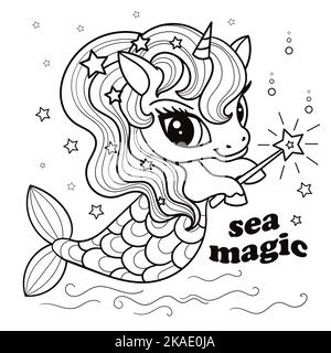 Sea magic. Unicorn mermaid. Black and white linear drawing. Vector Stock Vector