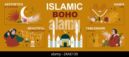 Islamic infographic flat set with candlesticks and tableware vector illustration Stock Vector