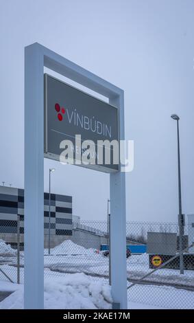 Reykjavik, Iceland - March 22, 2022: Logo of Vinbudin (vine shop), the State Alcohol and Tobacco Company of Iceland Stock Photo