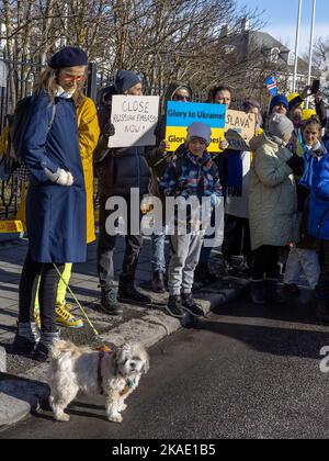 Reykjavik, Iceland - March 13, 2022: People carrying ukrainian colours and banners, protesting against war in Ukraine. Stock Photo