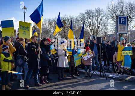 Reykjavik, Iceland - March 13, 2022: People carrying ukrainian colours and banners, protesting against war in Ukraine. Stock Photo